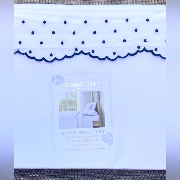 Shabby Chic White Cotton Embroidered Scallop Dot Navy Blue QUEEN Sheet Set 4pc - Picture 3 of 9